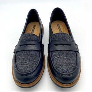 Clarks Raisie Eletta Black Leather Gray Tweed Slip On Penny Loafers Size 7.5